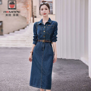 AEMAPE早秋牛仔連衣裙2025年春秋季時(shí)尚新款女裝小個(gè)子顯瘦中長(cháng)款裙子女 圖片色 M 建議85-105斤