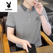 花花公子（PLAYBOY）男士POLO.衫2025夏季新款冰絲條紋半袖上衣商務(wù)休閑翻領(lǐng)短袖t恤男 1025灰色 M 165