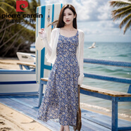 皮爾卡丹（pierre cardin）海邊度假藍色碎花吊帶連衣裙女兩件夏新氣質(zhì)沙灘裙雪紡長裙 吊帶裙+開衫 S 80-95斤
