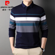 皮爾卡丹（pierre cardin）100%棉t恤男長(zhǎng)袖春秋季薄款純棉polo衫中青年條紋撞色翻領(lǐng)體恤衫 藏青 L/50