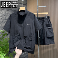 JEEP SPIRIT300斤顯瘦潮流休閑套裝男夏季時(shí)尚寬松工裝加肥加大短袖T恤兩件套 【上衣+短褲】黑色2806印花PS 4XL 【160-190斤】