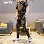 Rogosky香港潮牌休閑套裝男夏新款短袖T恤長褲青年燙鉆潮流運動兩件套 花色 4XL （180-200斤）