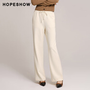 紅袖商場HOPESHOW肌理感休閑褲秋季新款女抽繩高腰闊腿褲 象牙米018 S