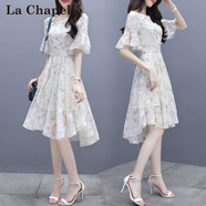 拉夏貝爾（La Chapelle）短袖雪紡連衣裙女裝2025年夏季新款韓版小個(gè)子中長(cháng)款沙灘裙子春天 米白色 M 【建議95-105斤左右】