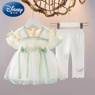 迪士尼（Disney）夏季漢服女寶寶連衣裙新中式洋氣國(guó)風(fēng)2025新款小女孩裙子寶寶紗裙 祥云漢服 綠色【套裝】 110