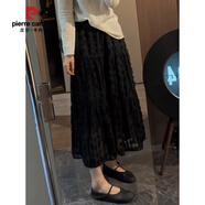 皮爾卡丹（pierre cardin）大尺碼仙女半身裙女春新款高腰韓版顯瘦A字中長裙設計感松緊腰裙 黑色【a字半身裙/裙子半身裙/半 2XL 建議140-160斤
