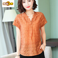 初徑女棉麻短袖上衣亞麻棉寬松夏天絲韓版大碼中年媽媽t恤 焦糖色 S (建議90-105斤)