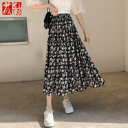 莜仙格夏季碎花雪紡百褶高腰半身裙子女夏季2024新款小個(gè)子a字半裙長(zhǎng)裙 黑色 XL 建議 125-140斤