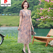 皮爾卡丹（pierre cardin）時(shí)尚高貴媽媽裝歐根紗連衣裙夏新款中年女裝氣質(zhì)碎花裙子遮肉顯瘦 杏色 2XL 建議108-120斤