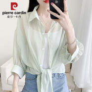 皮爾卡丹防曬衣女開衫外搭新款夏季短款雪紡薄款七分防曬服襯衫披肩女時(shí)尚 淡綠色 XL 125-145斤