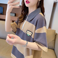 BMOI橫條紋polo領(lǐng)短袖t恤女夏季2025新款韓版寬松翻領(lǐng)設計感體恤上衣 灰色 L 建議100-120斤