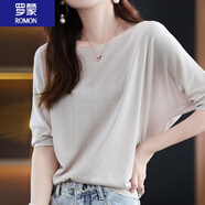 羅蒙（ROMON）女裝T恤女2023年夏季新款圓領(lǐng)冰絲短袖女寬松蝙蝠衫T恤薄中袖上衣 米灰 XL 115-125斤