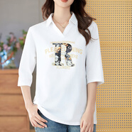 PHJ娃娃領(lǐng)七分袖棉t恤女夏季新款寬松顯瘦印花斷袖遮肚減齡中年上衣 白色 M