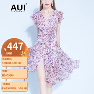 AUI紫色法式雪紡碎花連衣裙女2024年夏季新款氣質(zhì)荷葉邊收腰中長(zhǎng)裙子 紫色 S