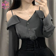 JAVC吊帶襯衫上衣高腰黑色A字短半身連衣裙子女夏季2025新款辣妹套裝 【單件】露肩襯衫 XL 建議 120-140斤
