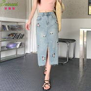 貝娜妮（Beinani）加肥胖mm大碼女高腰重工刺繡開叉顯瘦牛仔半身裙實(shí)拍2025夏裝新款 藍(lán)色 3XL 建議160-180斤