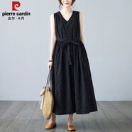 皮爾卡丹（pierre cardin）吊帶長(zhǎng)裙夏季棉麻A字裙胖MM大擺裙提花大碼V領(lǐng)無(wú)袖背帶亞麻連衣裙 黑色 XL 【110-125斤】