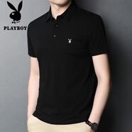 花花公子（PLAYBOY）高端100%純棉短袖t恤男士2025夏季新款爸爸裝全棉純色半袖POLO衫 黑色 XL 175(適合體重130-150斤)