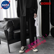 NASALIKE港味文藝男褲子男秋冬季垂墜感闊腿褲休閑褲寬松加絨直筒九分英倫 黑色薄款 L