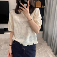 榮西圖（RONGXITU）重工刺繡花朵上衣女短袖甜美襯衣2025 M 建議100-115斤 均碼 杏色【升級】