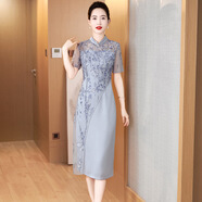 紫魅俏夏季短袖新品媽媽裝連衣裙女時(shí)尚繡花宴會(huì)洋氣禮服中長(zhǎng)款改良旗袍 灰藍(lán)色【短袖】 2XL (建議120-130斤)