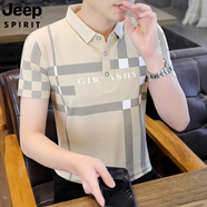 JEEP SPIRIT吉普格子印花短袖T恤男夏季高端年輕人純棉polo衫夏天帶領(lǐng)上衣服 卡其 M 90-105斤