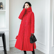 FHHUABD長款過膝羽絨棉服女2021新款棉衣外套韓版修身顯瘦A字版棉服 紅色 M