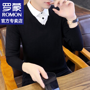 羅蒙（ROMON）假兩件毛衣男士秋冬新款套頭翻領(lǐng)針織衫純色休閑男裝保暖毛衫線衣 c02黑色 XL