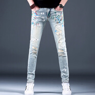 圣彬霸（SHENG BIN Ba）假破洞補丁牛仔褲男彩繪印花新款春夏季修身乞丐褲子韓版小腳長(cháng)褲 蘭色 長(cháng)褲常規款 34 【2尺7腰圍】