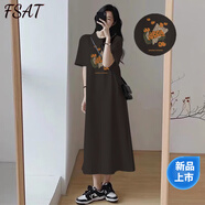 FSAT連衣裙夏天2025新款夏季短袖t恤裙子韓版寬松大碼開叉過膝長(zhǎng)裙女 炭灰色(柿子) 2XL 【建議145-165斤】