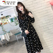 啄木鳥(niǎo)輕熟風(fēng)碎花連衣裙2025春秋季新款女裝洋氣顯瘦打底雪紡長(cháng)裙子 黑波點(diǎn) S