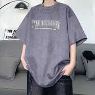奈加圖2025新款美式重磅短袖t恤男夏季高街麂皮絨潮牌潮流寬松大碼體恤 深灰色 2XL