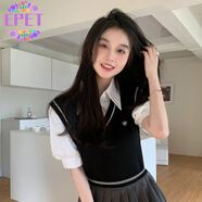 EPET夏款學(xué)院風(fēng)單件針織衫女短袖polo領(lǐng)甜美學(xué)院風(fēng)百搭洋氣ins上衣 黑色 均碼 _[80-115]默認(rèn)