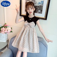 迪士尼（Disney）女童連衣裙夏裝新款小女孩裙子大童女裝甜美波點(diǎn)中裙女寶寶公主裙 黑色連衣裙 （中裙：只到膝蓋） 145 cm（建議60-70斤）