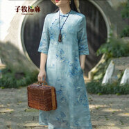 子牧棉麻2025夏裝 女清雅氣質(zhì)新中式印花禪意長款設(shè)計感連衣裙7366 綠玉君 M (建議80-115斤)