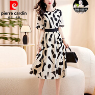 皮爾卡丹（pierre cardin）真絲連衣裙女顯瘦收腰夏季新款時尚高端桑蠶絲印花中長裙子過膝款 黑色 2XL