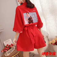 美安嘉連體短褲女夏新款百搭寬松超火闊腿連衣褲子學(xué)生韓版ulzzang 紅色連體褲 L