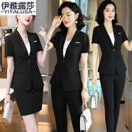 伊雅露莎夏季職業(yè)裝女套裝短袖小西裝正裝西服通勤修身商務(wù)面試工作服8616 黑色西裝+裙子+褲子 3XL
