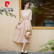 皮爾卡丹2025新款高端原創(chuàng)重工繡花純苧麻連衣裙女文藝收腰氣質大擺長裙子 圖片色 L