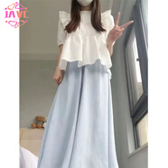 JAVC2025新款時(shí)尚感荷葉邊小飛袖襯衫女夏季泡泡短袖上衣+半身裙套裝 藍色裙褲 M 建議96-110斤