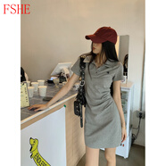 FSHE韓版運動(dòng)風(fēng)Polo領(lǐng)連衣裙女秋季2025新款褶皺收腰顯瘦短袖裙子 灰色短款 M