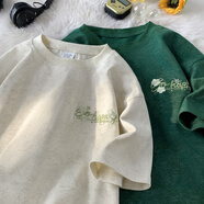 NYING花卉刺繡重磅短袖t恤男夏季25新款美式潮牌寬松五分袖百搭上衣服 JF207杏色 L （110-130斤）