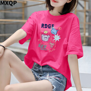 MXQP純棉短袖T恤女2025夏季寬松卡通慵懶風(fēng)顯瘦印花打底衫上衣服女裝 玫紅色【SEZ怪獸-前大花】 L 【110-130斤】