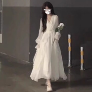 法克倫仙女裙吊帶連衣裙海邊度假連衣裙子夏季沙灘吊帶裙長(cháng)裙新白色三亞 V領(lǐng)長(cháng)袖白色連衣裙\感\沙灘裙\海 XS 【80-85斤】