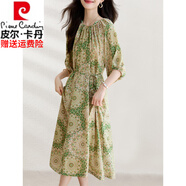 皮爾卡丹高檔連衣裙女2025夏季新款休閑五分袖過(guò)膝垂感系帶收腰雪紡裙子女 花綠復(fù)古圖案連衣裙 M 90-102斤