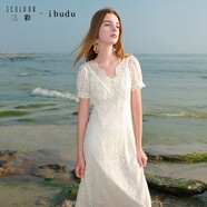 三彩2025夏季新款V領(lǐng)短袖蕾絲裙高腰連衣裙吊帶裙兩件套