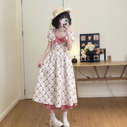 衣然呈品連衣裙女夏季新款美式高街潮牌碎花格紋拼接假兩件泡泡袖長裙子女 長款碎花連衣裙 L 【建議105-120斤】