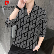 皮爾卡丹（pierre cardin）夏季薄款七分袖t恤男短袖潮流痞帥V領(lǐng)上衣潮牌翻領(lǐng)Polo衫品牌體恤 黑底白色圓點(diǎn) M