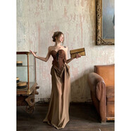 拼接假兩件美背抹胸連衣裙女夏季純欲修身裙子設(shè)計(jì)感收腰a字長(zhǎng)裙 咖色 S