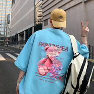 NJSKAKW品質棉短袖T恤2024夏220克棉玫瑰熊印花短袖T恤男大碼體恤寬松男 淺藍色 2XL